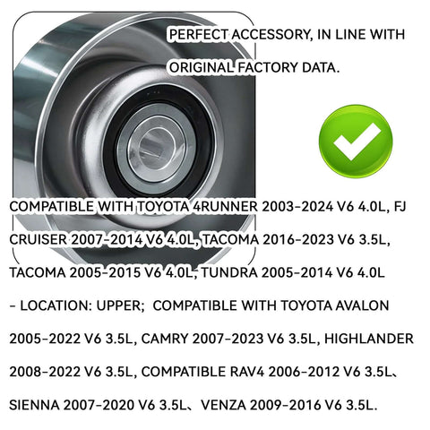 Close-up of drive belt tensioner pulley kit, compatible with Toyota and Lexus models, showing bearings and compatibility text.