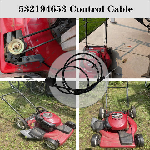 Durable 65.5 inch drive control cable replacement for walk behind mowers, installed in red mower, OEM compatible for Husqvarna, AYP, Poulan