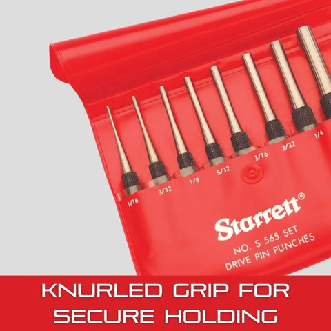 Eight Piece Drive Pin Punch Set with knurled grips in a round red storage box; displayed in red case, various sizes visible