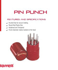 Eight Piece Drive Pin Punch Set with knurled grips in a round red storage box; 4 inch length, diameters from 1/16 to 5/16 inch