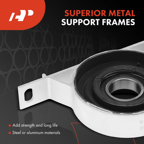 Beef Up Your BMW With a Drive Shaft Center Support Bearing Carrier for 323Ci 323i 325Ci 325i 328i 330Ci 330i Z4 E46 E85 E89 1999-2009 Replacement Part Fits 3 Series and Z4 Models, showing metal frame and single bearing in close-up view.