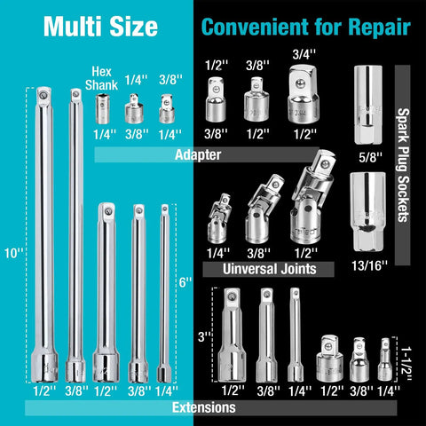 22 Piece Drive Tool Accessory Set With One Quarter Inch, Three Eighths Inch, And One Half Inch Extension Bars Spark Plug Sockets Universal Joints Socket Adapters And Cr V Steel Tools In An EVA Foam Case Built Tough For Pros displayed with measurements and specifications.