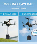 Comparison of drones carrying payloads; left shows max 500g, right shows Universal Drone Airdrop System With 750g Payload And 1km Remote Control.