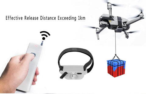 Drone Airdrop System With Release Device And Payload Clip For Safe And Precise Airdrops Of Fish Bait Or Small Supplies, Compatible With DJI Mini Series Air Series Mavic 3, Mavic 2, Spark, Easy Velcro Belly Mount, Essential Drone Accessory showing remote control and secured package.