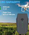 Two Pack 3830mAh 11.4V Intelligent Flight Batteries For Mavic Pro Series next to a drone in flight over a field