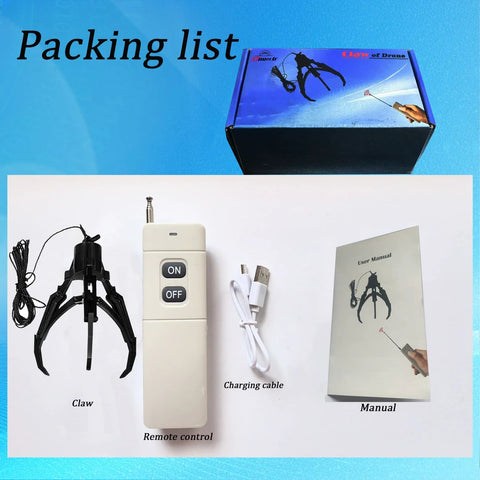 Packing list for Universally Drone Airdrop System With Mechanical Claw Payload Release, showing claw, remote control, cable, manual.