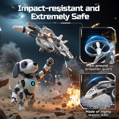 HT15 Dual-Mode RC Drone For Kids flying above robot dog, showing impact-resistant design and propeller guard details.