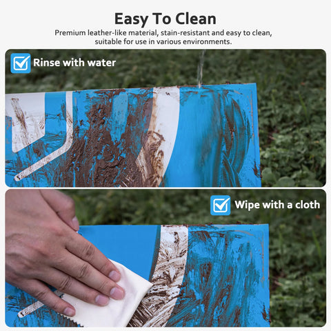 Hands cleaning a Foldable 22 Inch Drone Landing Pad With Fast Fold System 2x3 Double Sided Waterproof Launch Pad, blue and gray, on grass.