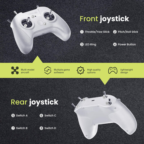 FPV Drone Simulator Controller For Beginners With 8 Channel Metal Joysticks And Dual Bearing Precision, front and rear view