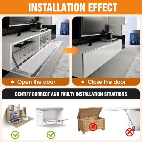 Installation effect of Drop Down Gas Struts,Gas Spring Hinge, for Cabinet and Desk Downward Flap Slowly Down, with 90 Degree Page Turning Axis, Only Open Down The Door (Black-2PCS) demonstrating opening and closing of a cabinet door.