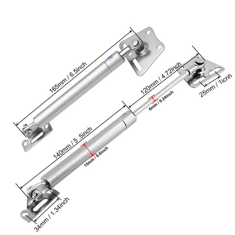 2 Pack 100N/22LBS Drop Down Gas Struts for Downward Flap lid, showing dimensions and metal construction.