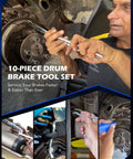 Mechanic using 10pc Drum Brake Tool Kit including Drum Brake Spring Tool and Brake Spring Pliers for brake repair.