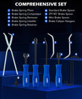 10pc Drum Brake Tool Kit with Brake Spring Tools, Compressor, Pliers, Brake Spoon Set, and Caliper Hangers displayed on blue background