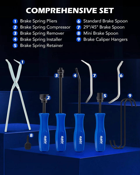10pc Drum Brake Tool Kit with Brake Spring Tools, Compressor, Pliers, Brake Spoon Set, and Caliper Hangers displayed on blue background