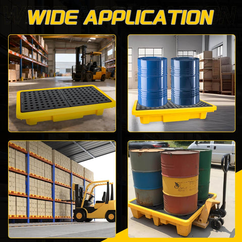 Wide application of Two Drum Spill Containment Pallet With Drain For Heavy Duty Drum Storage In Garage Basement And Warehouse
