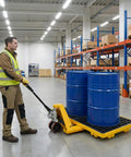 Man transporting 2 Drum Modular Spill Containment Pallet With 2000 Lbs Capacity, Leakproof Stackable Industrial Tray in warehouse
