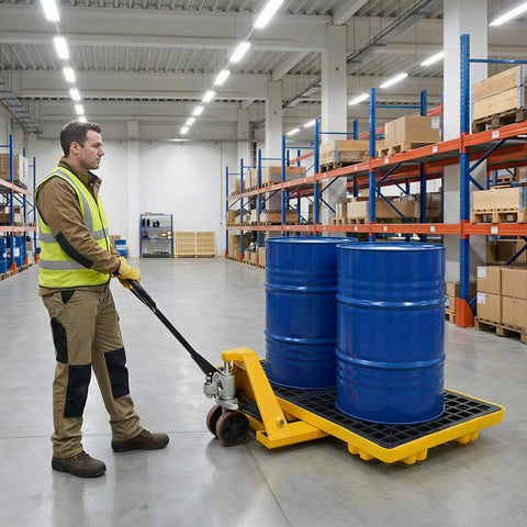 Man transporting 2 Drum Modular Spill Containment Pallet With 2000 Lbs Capacity, Leakproof Stackable Industrial Tray in warehouse
