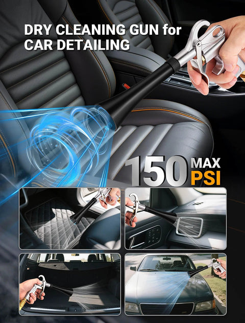 Powerful dry air car cleaning gun delivers fast interior detailing by blasting dust and debris with high velocity air