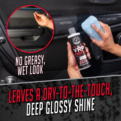 Person using VRP Vinyl Rubber And Plastic Dressing For Tires Trim And Surfaces Delivers A Non Greasy Dry To The Touch Shine on dashboard