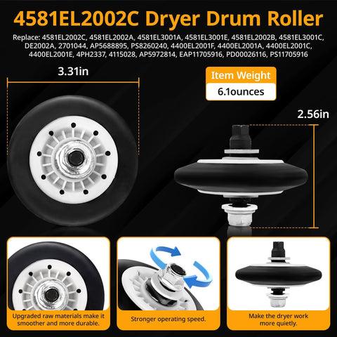 Dryer Roller Repair Kit For LG Kenmore Dryers 4581EL2002C Dryer Drum Roller image showing dimensions.