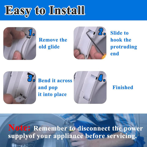 Installation steps for Replacement Drum Bearing Slide Kit for clothes dryers, showing easy installation with WE3M52 and WE3M51 glides.