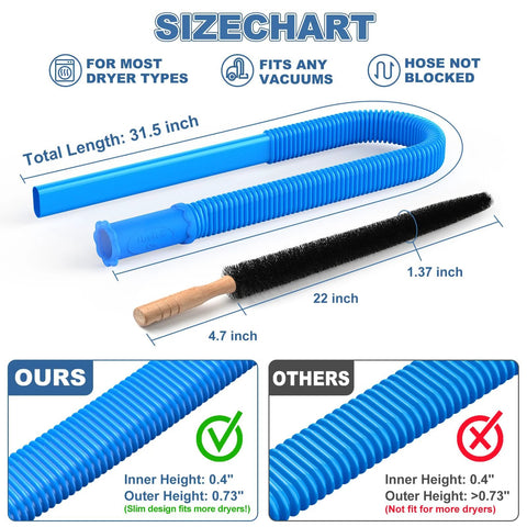 Two piece dryer vent cleaner kit with universal vacuum adapter, includes blue hose and black brush for lint removal.
