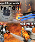 Firefighters extinguishing blaze, with two piece dryer vent cleaner kit and universal vacuum adapter, preventing lint blockages.