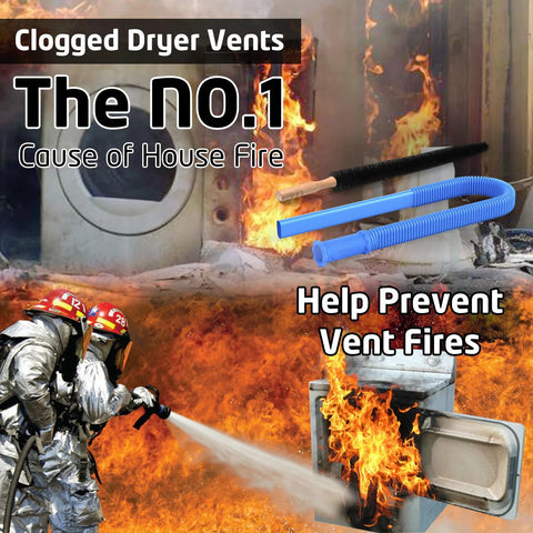 Firefighters extinguishing blaze, with two piece dryer vent cleaner kit and universal vacuum adapter, preventing lint blockages.