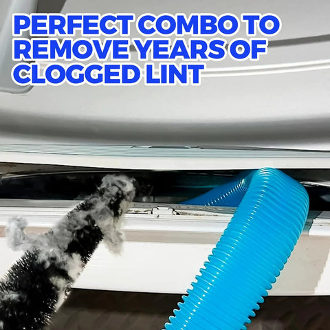 Clear lint and debris from your dryer's vent with a 2-piece cleaning kit featuring a vacuum attachment and flexible lint brush.