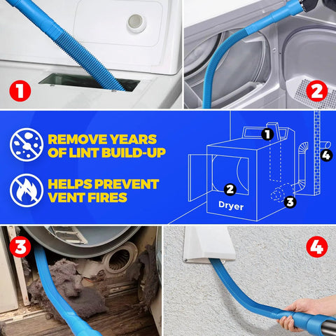 Clear lint and debris from your dryer's vent with a 2-piece cleaning kit featuring a vacuum attachment and flexible lint brush that fit most vacuums, boosting airflow, reducing drying time, saving energy, and enhancing home safety