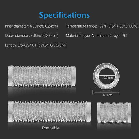 4 Inch Dryer Vent Hose 3 Ft Heavy Duty Flexible Exhaust Duct With 6 Ply Aluminum Foil Insulation For Tight Spaces Puncture Resistant High Heat Ducting Kit Includes 2 Clamps And 1 Tape, shown with specifications and dimensions, multiple views.