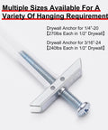 Heavy Duty Drywall Anchors Kit With Included 1/4-20 Bolts Holds Up To 270 Pounds Per Anchor For 1/2 Inch Drywall Great For TV Mounts 22 Pack Hollow Wall Anchors Screws Built To Last, showing close-up of anchor and bolt with specifications.
