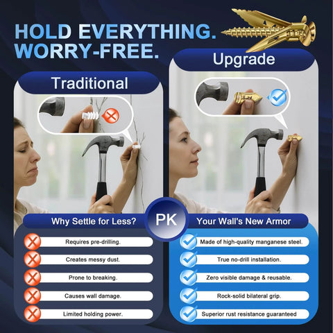 Comparison of traditional and upgraded drywall anchors, highlighting features of 160 pcs self drilling drywall anchors and screws kit
