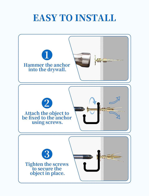 Installation steps for 100 pcs self drilling drywall anchors and screws kit made from zinc plated steel holding up to 66 lb