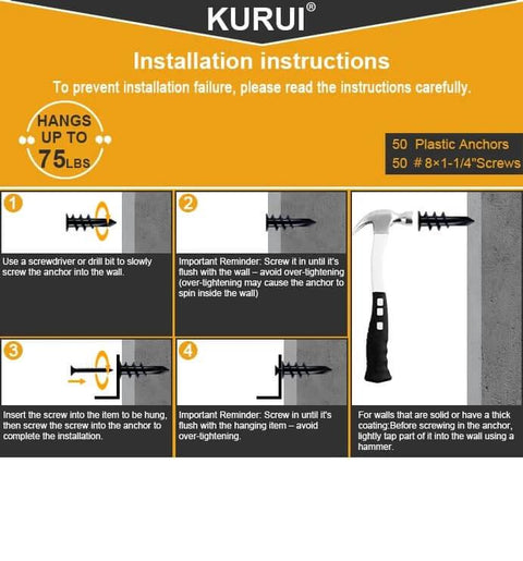 Installation guide for #8 Self Drilling Drywall Anchors with Screws Kit, showing step-by-step usage and components in detailed diagrams.