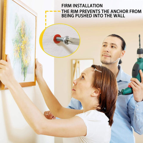Man and woman installing frame with 208PCS Drywall Anchors and Screws Assortment Kit, using Phillips pan head screws for firm wall grip