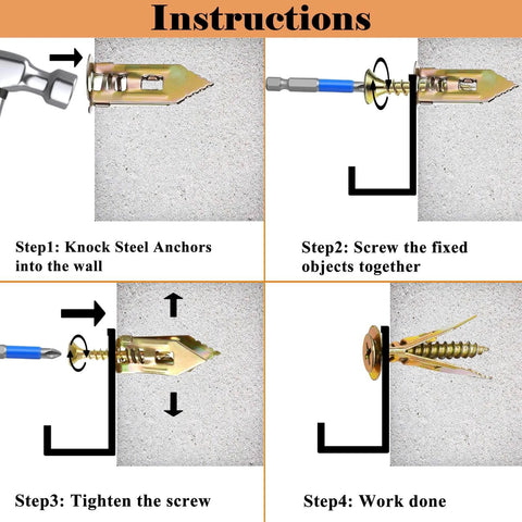 Instruction steps for 410 pcs self drilling drywall anchors and screws kit with 2 anchor sizes, 4 screw sizes, zinc plated steel.