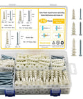 Clear box of 310PCS 3 Sizes Self Drilling Drywall Anchors and Screws, nylon plastic material, no pre drill required