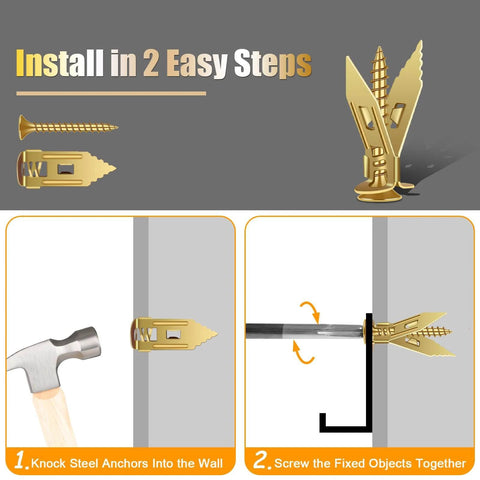 Step-by-step installation guide of 180 pcs self drilling drywall anchors and screws kit with 90 metal anchors and 90 screws.