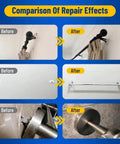Comparison showing drywall anchor repair kit effectiveness before and after fixing curtain rod, towel bar, and anchor hole.