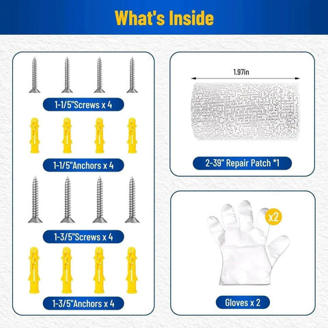 Contents of Drywall Anchor Repair Kit For Quick Fixes No Drilling Needed With Patch And Cut Ready 1.96 Ft By 39.37 In