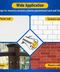 Illustration showing wide application of Drywall Anchor Repair Kit For Quick Fixes No Drilling Needed on plaster, wood, masonry, ceramic surfaces.