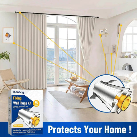 Living room with Kenbry fixing wall plugs kit illustration, showing curtain installation solution for secure fit.