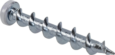 Drywall Anchors White 75 Pack with 1 1/2 Inch Pan Head Screws, Holds 50 lbs in Drywall and 200 lbs in Concrete, close-up of a screw
