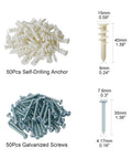 #8 Self Drilling Drywall Anchors with Screws Kit, Heavy Duty Nylon Wall Anchors for Sheetrock Hanging, 100-Piece Set shown with dimensions.