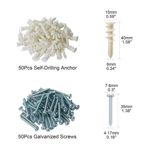 #8 Self Drilling Drywall Anchors with Screws Kit, Heavy Duty Nylon Wall Anchors for Sheetrock Hanging, 100-Piece Set shown with dimensions.