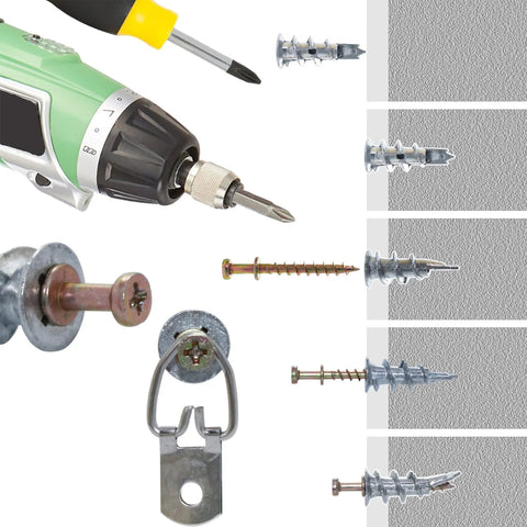 Drywall Anchors And Bear Claw Double-Headed Screws Kit For Hanging Pics, 25 Zinc Anchors, 25 Gold Screws, installation guide image