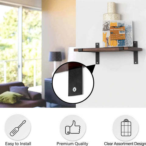 270 Pcs Drywall Anchors and Screws Assortment Kit on a wooden shelf, showing plastic anchors and screws, installed for decor.