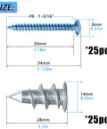 Self Drilling Drywall Anchor Kit With Screws For Drywall Plaster And Sheetrock, showing dimensions of zinc anchors and screws