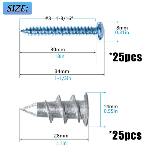 Self Drilling Drywall Anchor Kit With Screws For Drywall Plaster And Sheetrock, showing dimensions of zinc anchors and screws